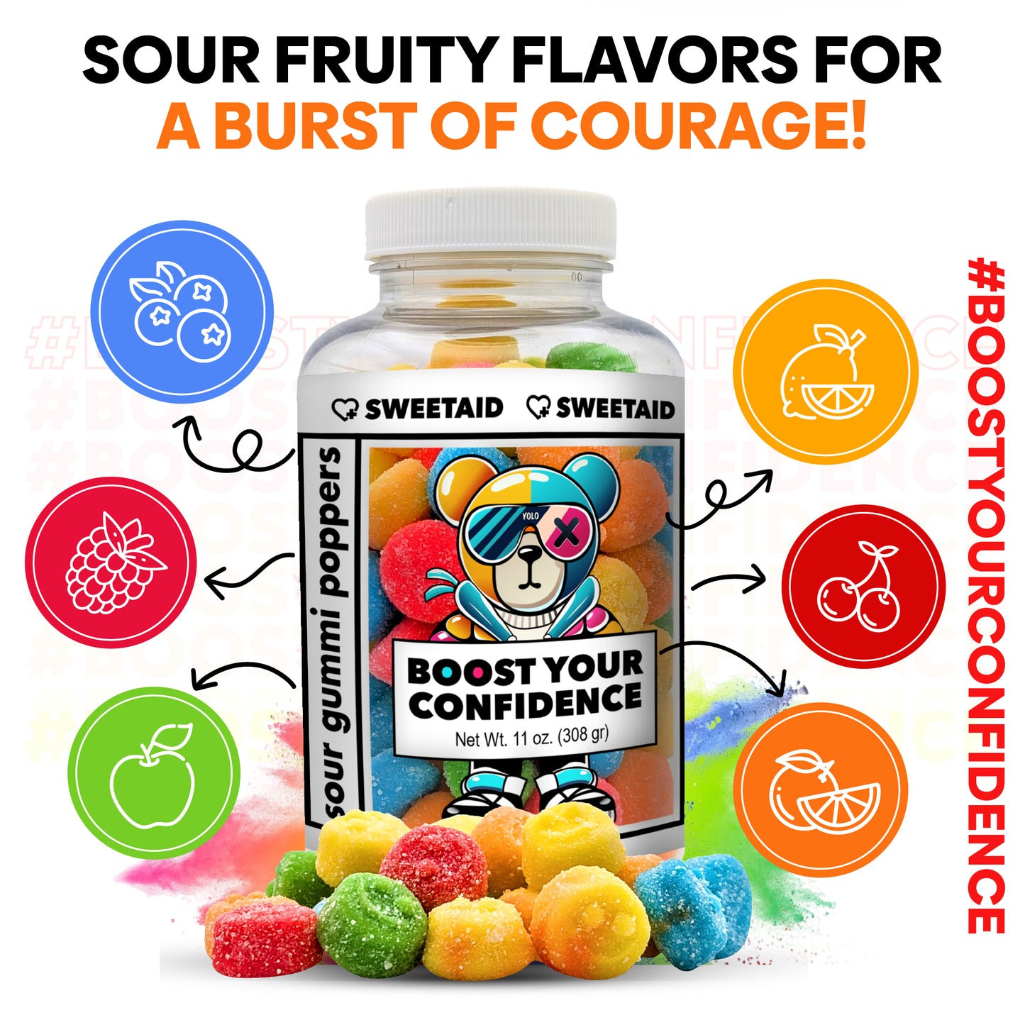 Boost Your Confidence Sour Gummi Poppers – The perfect gift for a friend, child, or colleague who needs a boost! These tangy treats help conquer self-doubt and inspire courage. A fun and tasty way to say: “You’ve got this!”