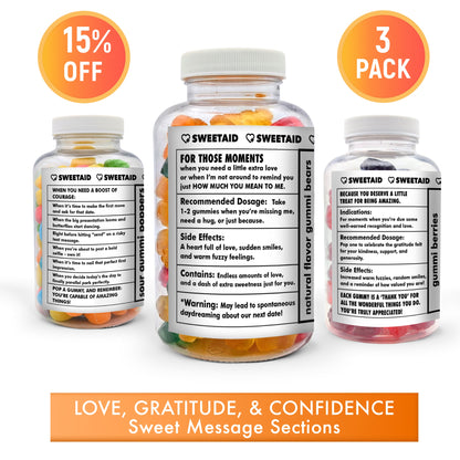 Sweet Aid Gift Set: The ultimate trio for love, gratitude, and confidence. Perfect for expressing affection, saying thanks, or giving a confidence boost. A fun, sweet way to brighten anyone’s day — including yours!