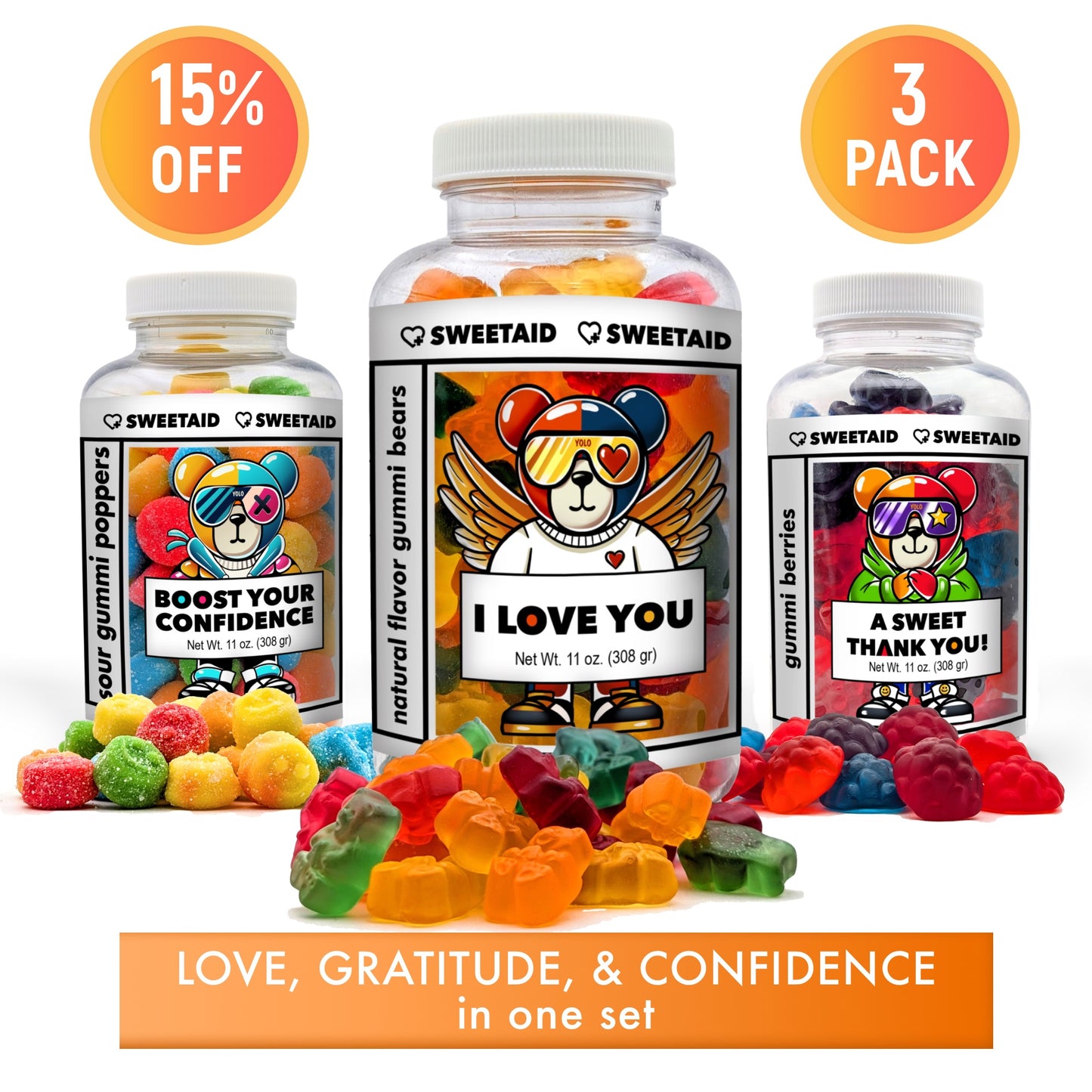 Sweet Aid Gift Set: The ultimate trio for love, gratitude, and confidence. Perfect for expressing affection, saying thanks, or giving a confidence boost. A fun, sweet way to brighten anyone’s day — including yours!