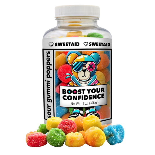 "Boost Your Confidence” Sour Gummi Poppers – The perfect gift for a friend, child, or colleague who needs a boost! These tangy treats help conquer self-doubt and inspire courage. A fun and tasty way to say: “You’ve got this!”